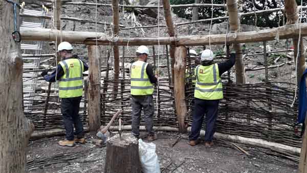 Wall construction begins by using the thinner pieces of hazel that were unsuitable for our roof to become the wattle of our wattle and daud walling system.