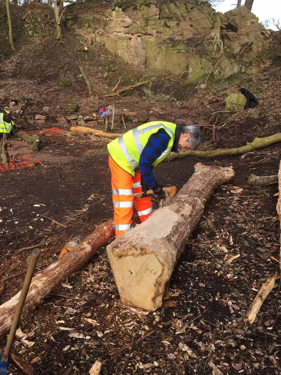 Putting a Bronze Adze to hard work stripping bark from an Oak Log.